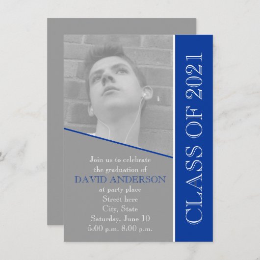 2021年クラスのグレーの青い卒業写真 招待状 (正面/裏面)