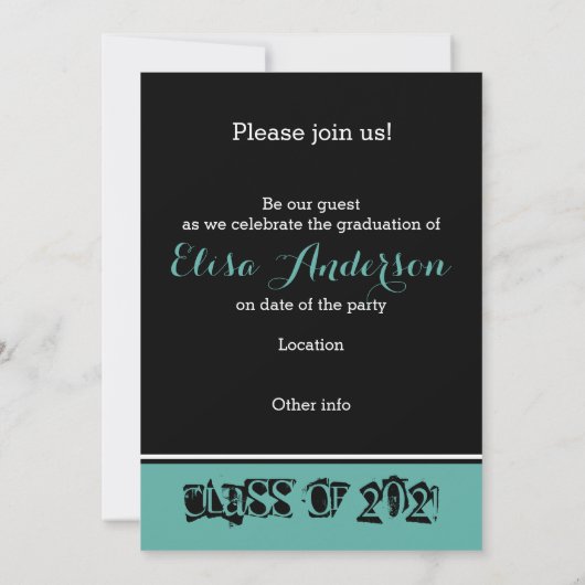 2021年クラスのティール(緑がかった色)文字卒業写真 招待状 (裏面)