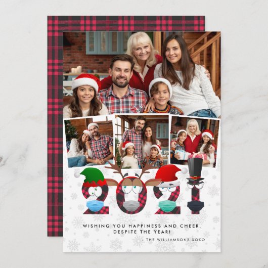2021年クリスマス | おもしろい顔マスクとプレイド4枚の写真 シーズンカード (正面/裏面)
