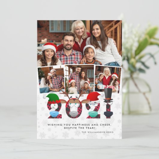 2021年クリスマス | おもしろい顔マスクとプレイド4枚の写真 シーズンカード (スタンド正面)