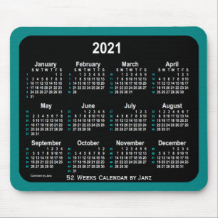 2021年ティール(緑がかった色)ネオン52週間カレンダー(Janz) マウスパッド