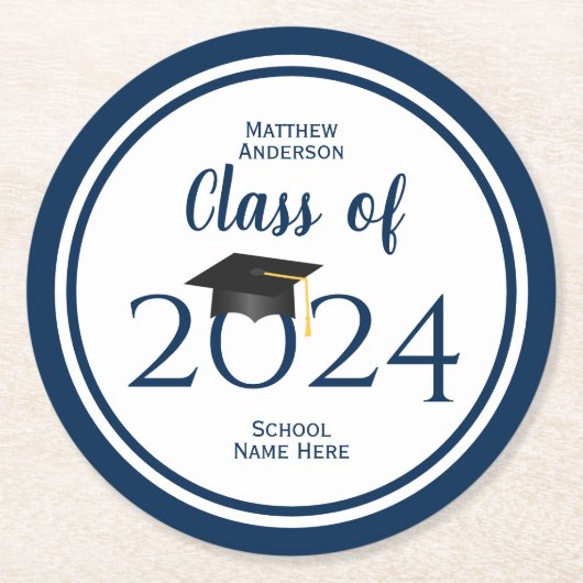 2021年ネイビーエレガントブルー卒業パーティーのクラス ラウンドペーパーコースター (正面)