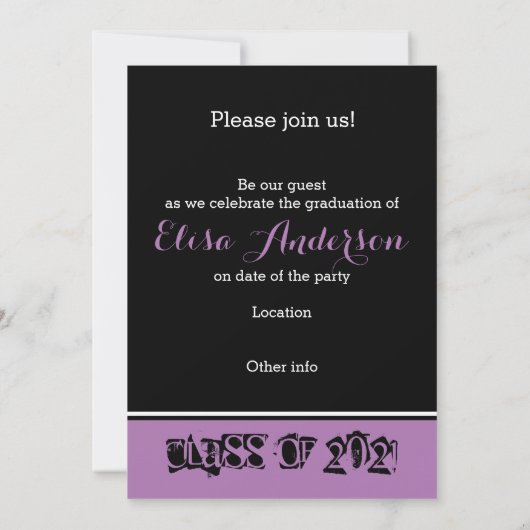 2021年パープル文字卒業写真のクラス 招待状 (裏面)