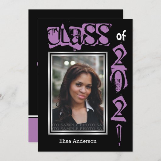 2021年パープル文字卒業写真のクラス 招待状 (正面/裏面)