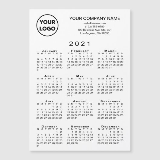 2021年予定表ビジネスロゴ文字ホワイトマグネットカード (正面)
