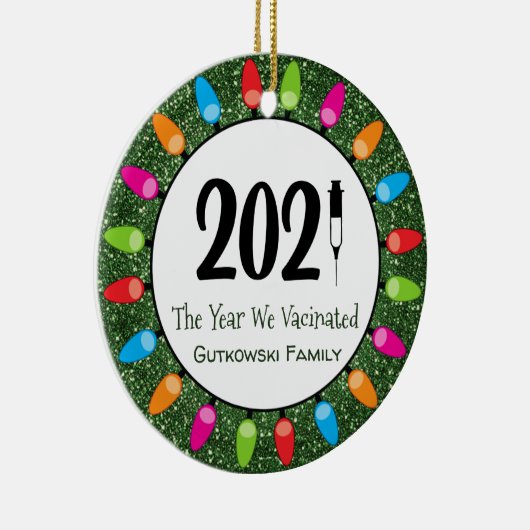 2021年予防接種を受けた家族の写真の緑のグリッター セラミックオーナメント (右)