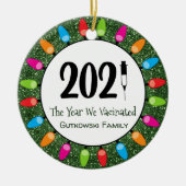 2021年予防接種を受けた家族の写真の緑のグリッター セラミックオーナメント (正面)