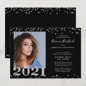 2021年度 卒業式スクリプト シルバーグリッター フォト ブラック 招待状 (正面/裏面)