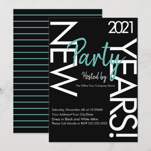 2021年新年 ホワイト+ターコイズブルー タイポグラフィ 企業イベント 招待状 (正面/裏面)