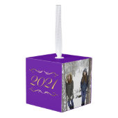 2021紫色の家族のクリスマスフォト キューブオーナメント (裏面アングル)