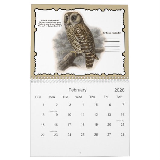 2021羽の友だち鳥の壁予定表 カレンダー (2月 2026)