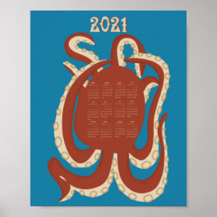 2021 Octopus Red and Blue Calendar ポスター