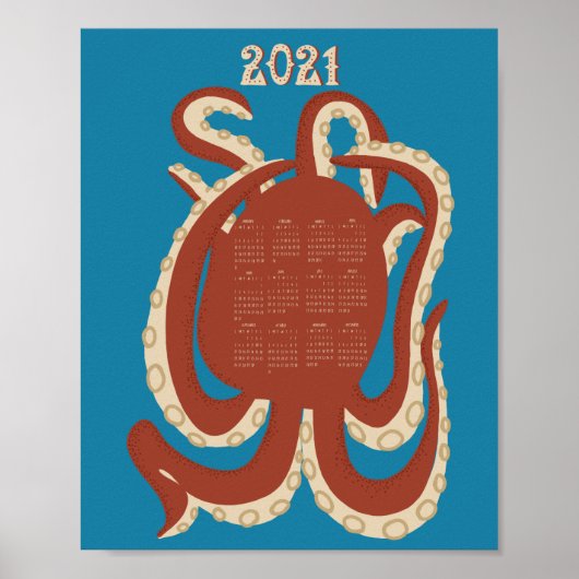 2021 Octopus Red and Blue Calendar ポスター (正面)