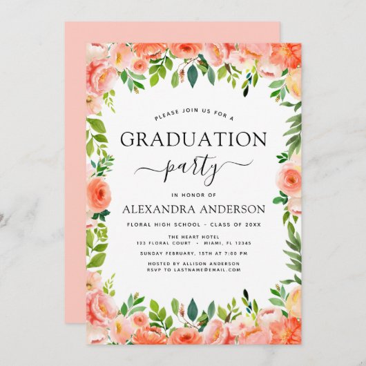 2022コーラルピーチフローラグリーンリー卒業 招待状 (正面/裏面)