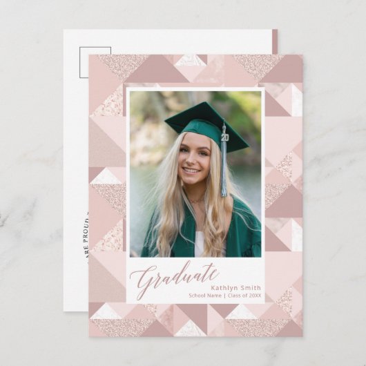 2022ピンクモダングリッタースクリプト写真卒業 案内ポストカード (正面/裏面)