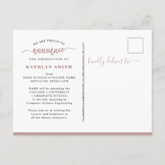 2022ピンクモダングリッタースクリプト写真卒業 案内ポストカード (裏面)