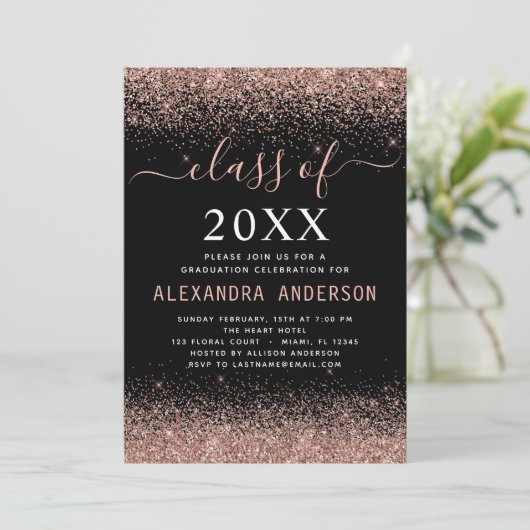 2022卒業パーティー写真ピンクローズ金ゴールドグリッター 招待状 (スタンド正面)