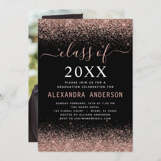 2022卒業パーティー写真ピンクローズ金ゴールドグリッター 招待状 (正面/裏面)