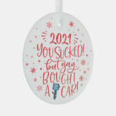 2022吸が車のおもしろいの赤い記念品 ガラスオーナメント (正面右)