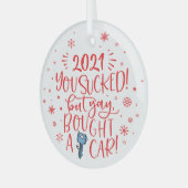 2022吸が車のおもしろいの赤い記念品 ガラスオーナメント (正面左)