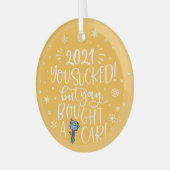 2022吸が車のおもしろいの黄色の記念品 ガラスオーナメント (正面左)