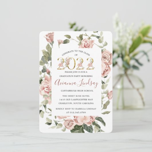 2022年のクラスかわいらしピンクローズフローラ卒業I 招待状 (スタンド正面)