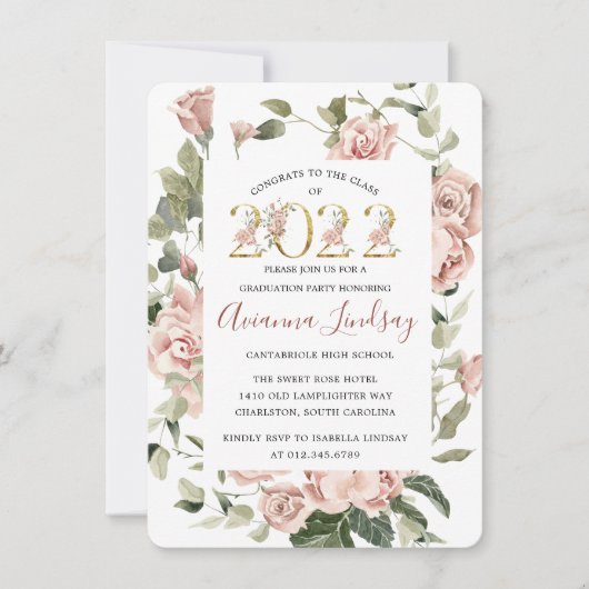2022年のクラスかわいらしピンクローズフローラ卒業I 招待状 (正面)