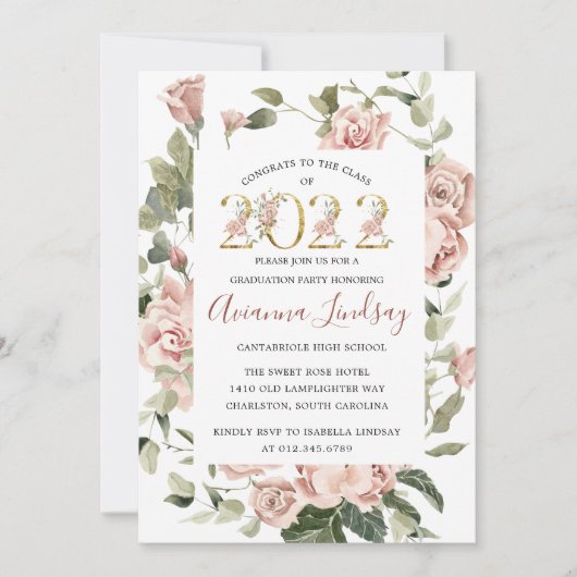 2022年のクラスのピンクローズフローラ卒業Invitati 招待状 (正面)
