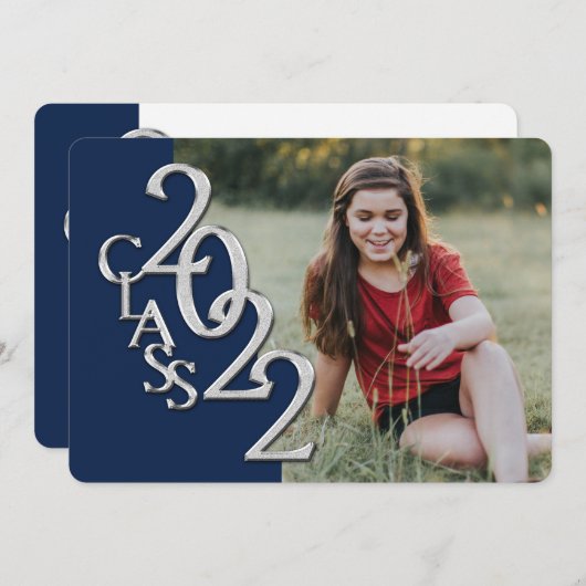 2022年のシルバーとブルーの卒業写真 招待状 (正面/裏面)