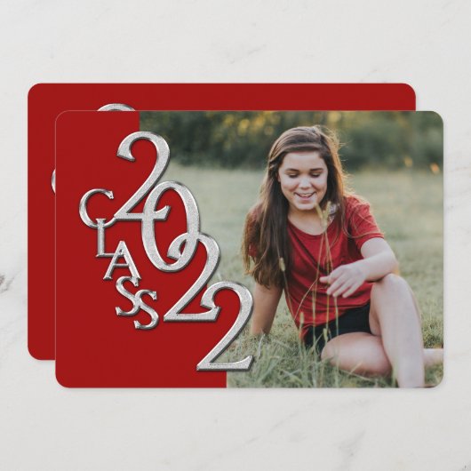 2022年のシルバーと赤の卒業写真 招待状 (正面/裏面)