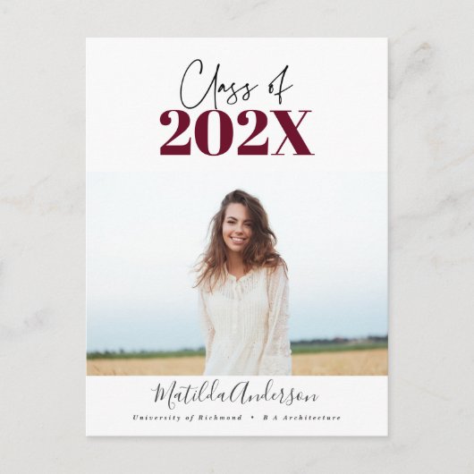 2022年のモダンバーガンディ・スクリプト・グラッド写真クラス ポストカード (正面)