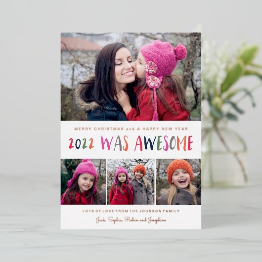 2022年は素晴らし色数々のレタリングクリスマス 箔シーズンカード (立ち正面)