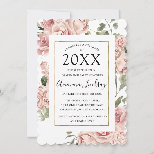 2022年クラスのピンクローズフローラ卒業 招待状 (正面)