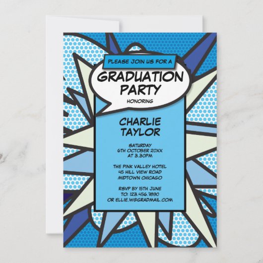 2022年クラス卒業パーティー漫画おもしろいブルー 招待状 (正面)