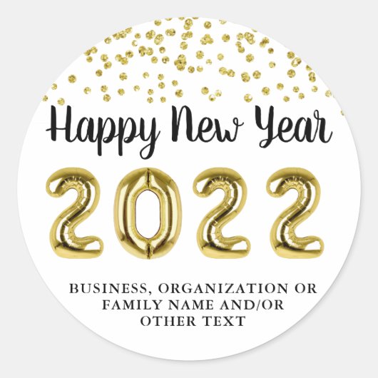 2022年ハッピーニューイヤー金ゴールドバルーン紙吹雪 ラウンドシール (正面)