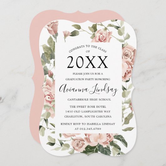 2022年ピンクローズかわいらしフローラ卒業 招待状 (正面/裏面)