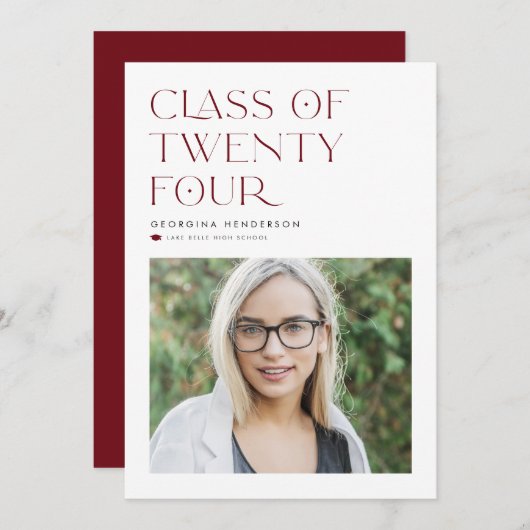 2022年モダン卒業のレッドミニマリストクラス 招待状 (正面/裏面)