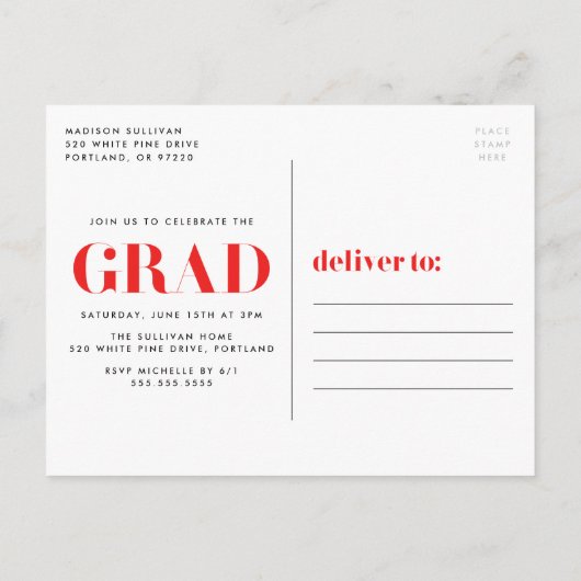 2022年レッはっきりしたドレタリング写真卒業パーティー インビテーションポストカード (裏面)