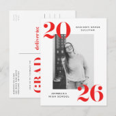 2022年レッはっきりしたドレタリング写真卒業パーティー インビテーションポストカード (正面/裏面)