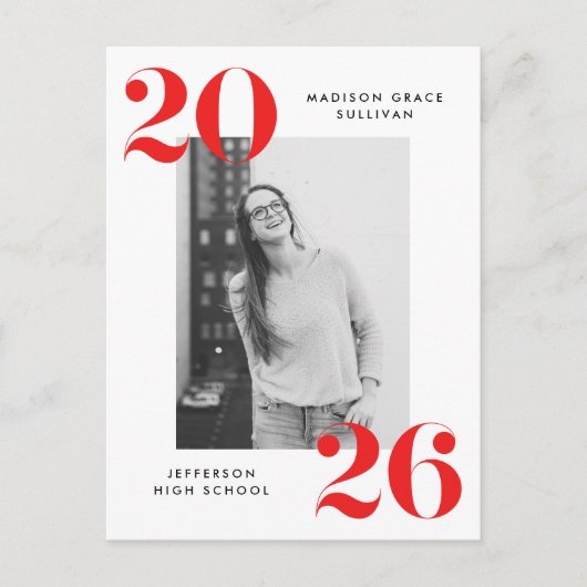 2022年レッはっきりしたドレタリング写真卒業パーティー インビテーションポストカード (正面)