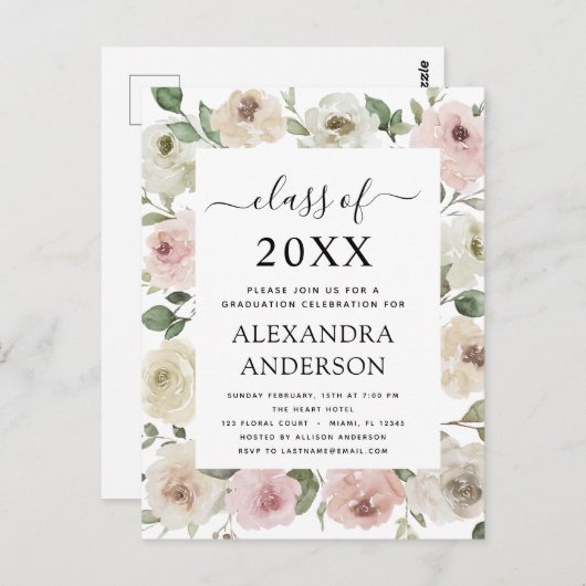 2022年卒業ほこりっぽいバラピンクの卒業フローラ ポストカード (正面/裏面)