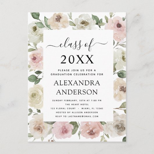 2022年卒業ほこりっぽいバラピンクの卒業フローラ ポストカード (正面)