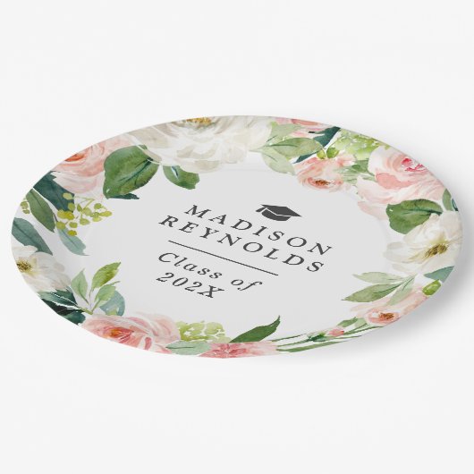 2022年卒業式赤面ピンク・エレガントフローラ ペーパープレート (アングル)