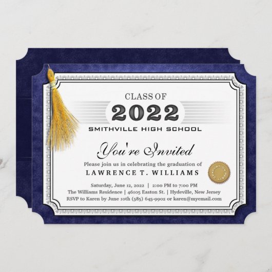 2022年海軍青卒業証書金ゴールドTassel卒業証明書 招待状 (正面/裏面)