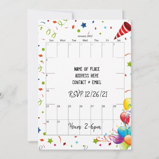 2022年1月カレンダーハッピーバースデー招待状 招待状 (裏面)