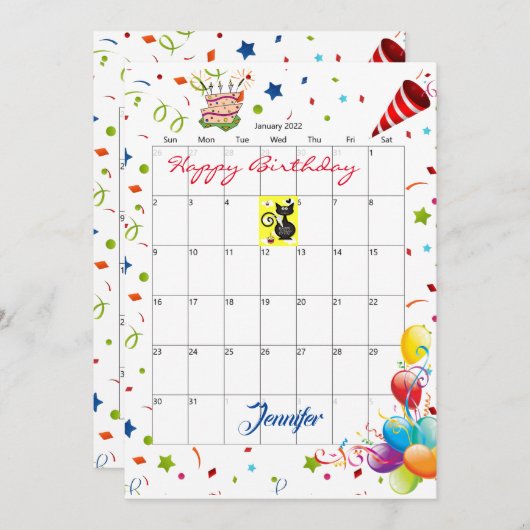 2022年1月カレンダーハッピーバースデー招待状 招待状 (正面/裏面)