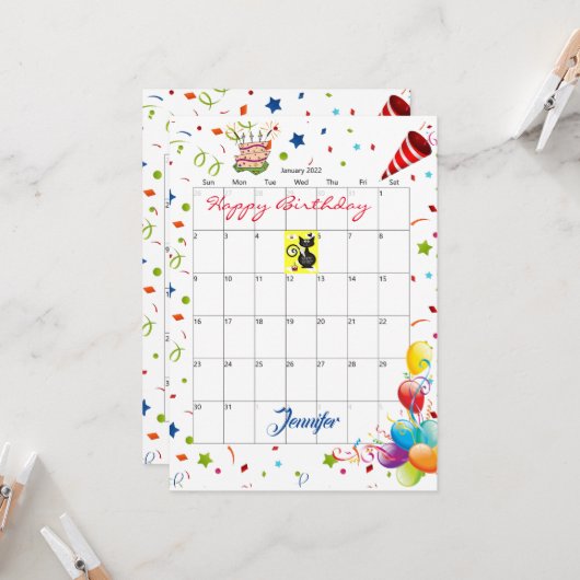 2022年1月 カレンダー 誕生日パーティー招待状 招待状 (正面/裏面インサイチュ)