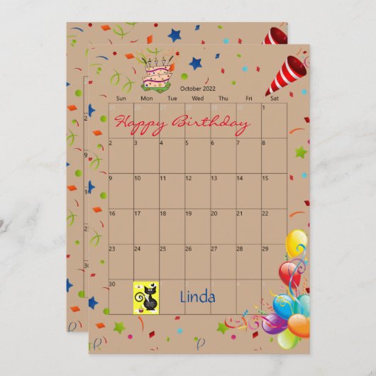 2022年10月カレンダーハッピーバースデー招待状 招待状 (正面/裏面)