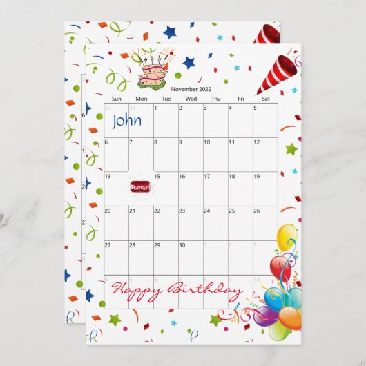 2022年11月カレンダーハッピーバースデー招待状 招待状 (正面/裏面)