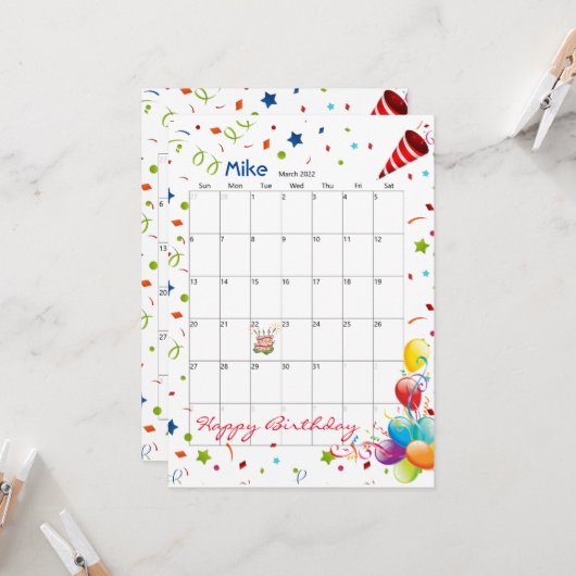 2022年3月カレンダーハッピーバースデー招待状 招待状 (正面/裏面インサイチュ)